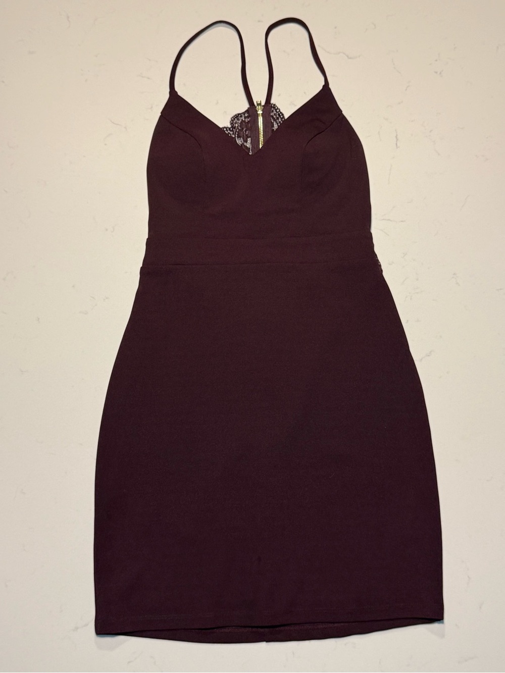 Vintage Spaghetti Strap Lace-Trim Bodycon Dress in Deep Plum